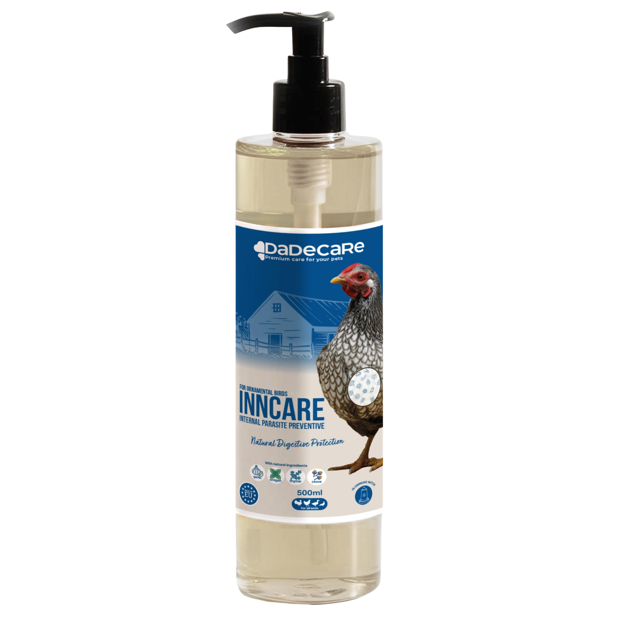 DADECARE Natural Internal Parasites Preventive 500ml - Hens, Poultry and Exotic - Prevents and Treats Digestive Problems - Natural Formula - Garlic and Oregano Extract - Inncare
