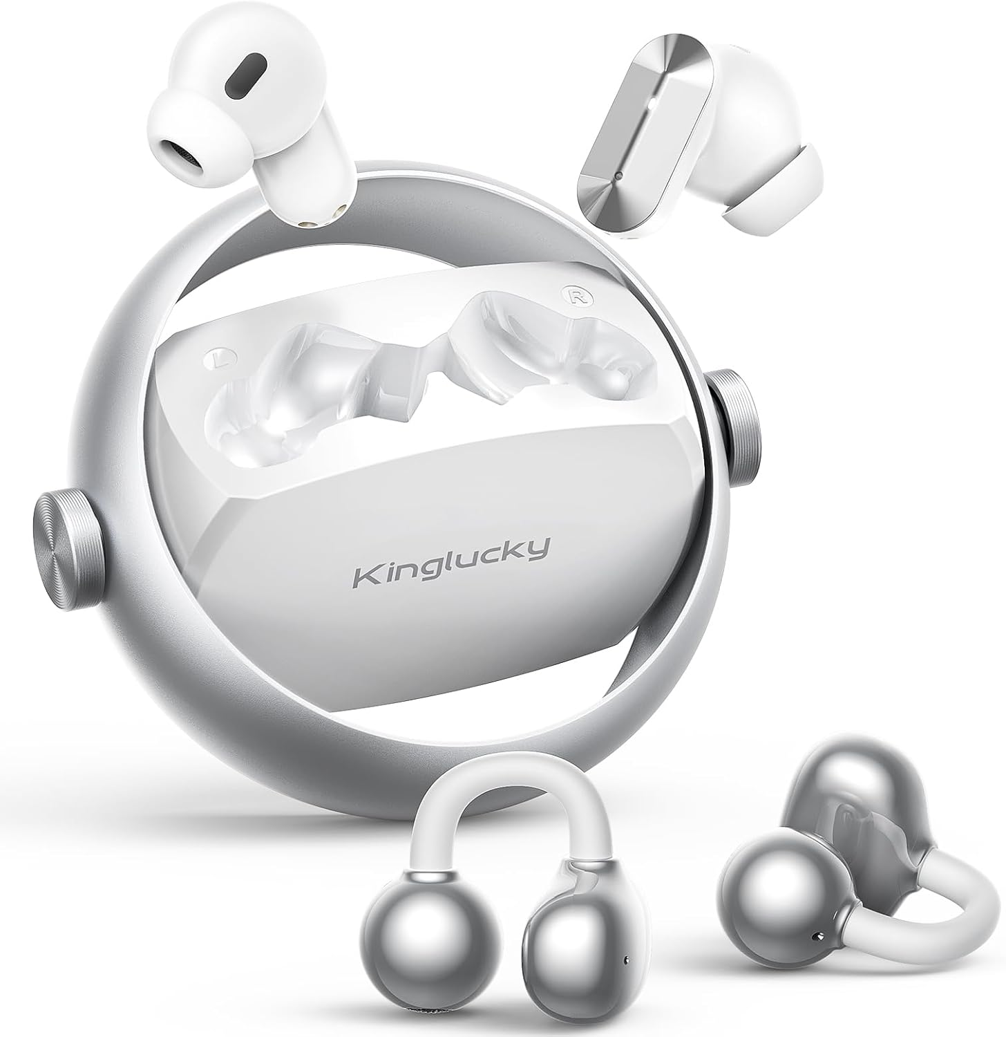 Kinglucky 2-in-1 Wireless Earbuds, Noise Cancelling in-Ear Earbuds & Open Ear Clip-On Earbuds Comfortable fit, Relay Power Swap Charging Up to 50H Bluetooth 5.4 Wireless Headphones Ear Buds, White