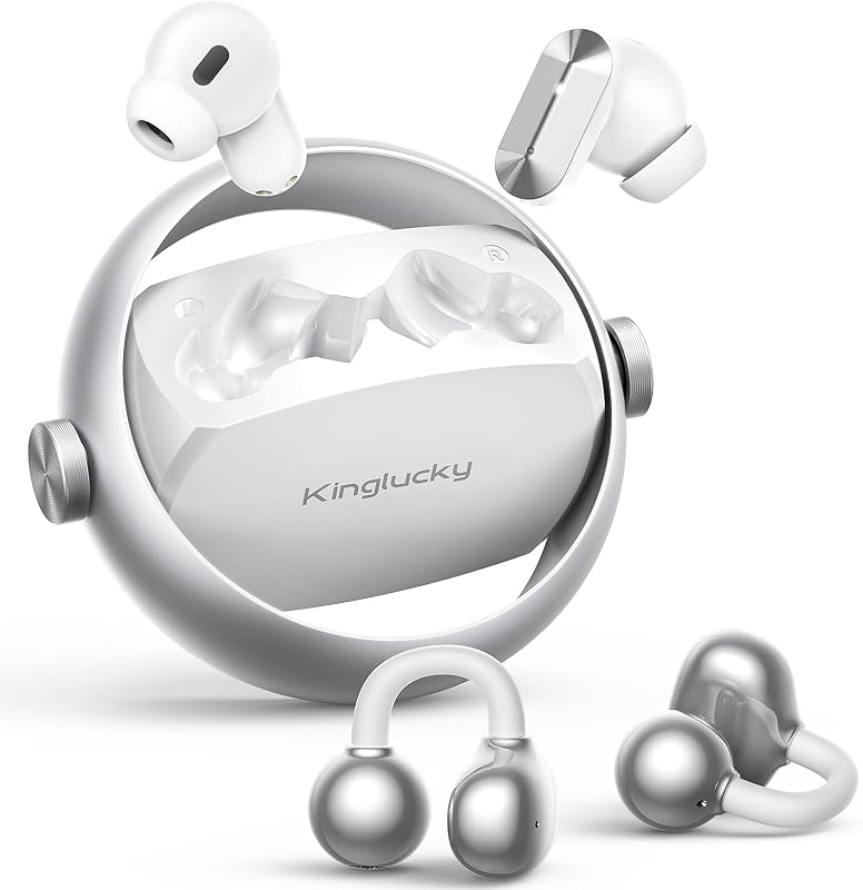 Kinglucky 2-in-1 Wireless Earbuds, in-Ear & Open Ear Clip-On Earbuds Comfortable fit, Bluetooth Headphones 5.4 with Noise Cancelling Mic, Power Swap Charging, Up to 50H, White