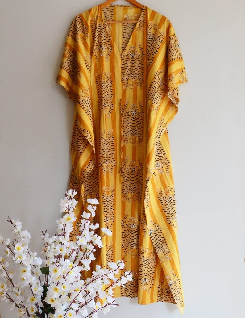 INDACORIFY Robe Kaftan 100% Coton, Couture pour Femmes imprimées Florales, Costume Long Kaftan Indien Fait à la Main, Belle Plage