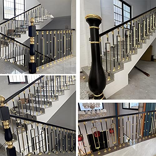 Modern Black Gold Metal Balusters for Stairway, 5 Pack Square Railing Kit with Flat Brackets & Face Mount, Stylish Deck Guardrail, Durable Upright Design