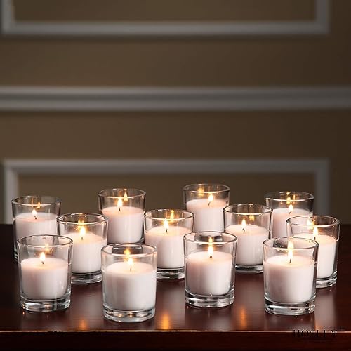 Miniatura 3 de Hosley Paquete de 20 velas votivas sin perfume marfil en soportes de vidrio transparente, cera vertida a mano para una elegancia atemporal y una