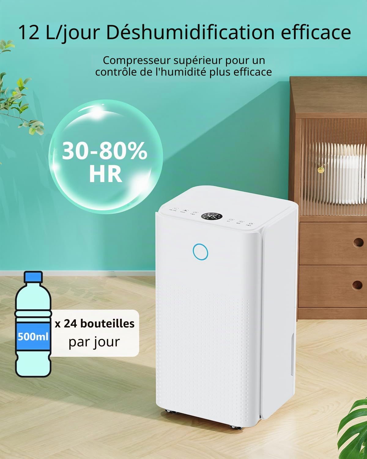 Déshumidificateur Électrique 12L/Jour avec Compresseur, 3 Modes, Silencieux et Basse Consommation, Drainage Continu, Réservoir 2,2 L, Minuterie 24 h, Deshumidificateur d Air pour Maison