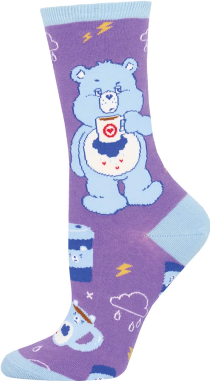 Socksmith Womens More Coffee Less Grumpy Care Bears Novelty Crew Socks, Purple