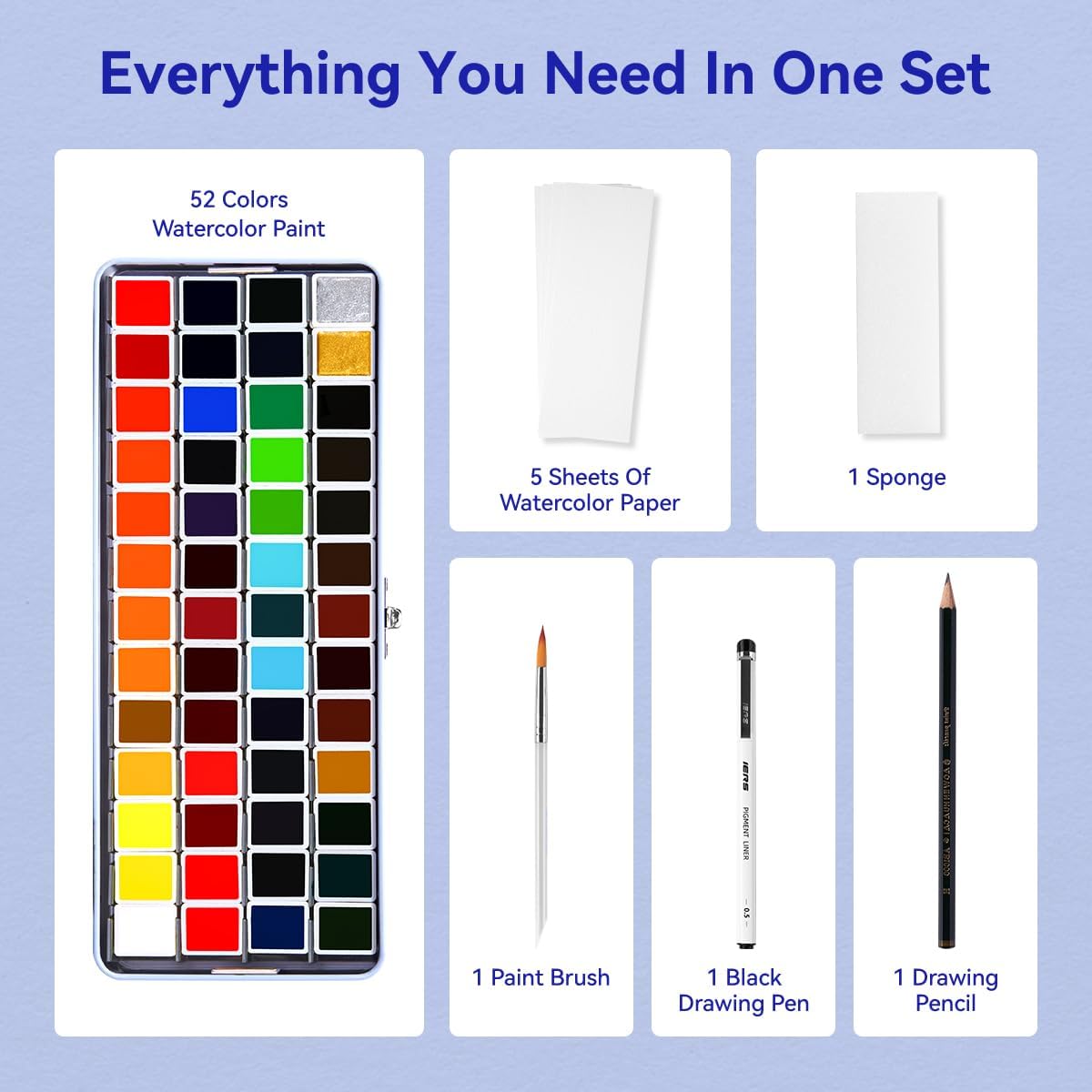 Travel Watercolor Set, 52 Colors Watercolor Paint with 1 Drawing Pencil, 1 Paint Brush, 5 Watercolor Paper, 1 Sponge & 1 Black Drawing Pen, Water Colors Paint Adults Set, Blue Case - Image 2