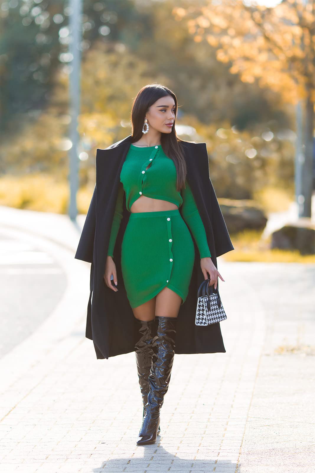Chic Rippstrick Crop 2-Teiler mit Deko Knöpfe One Size (Einheitsgröße)