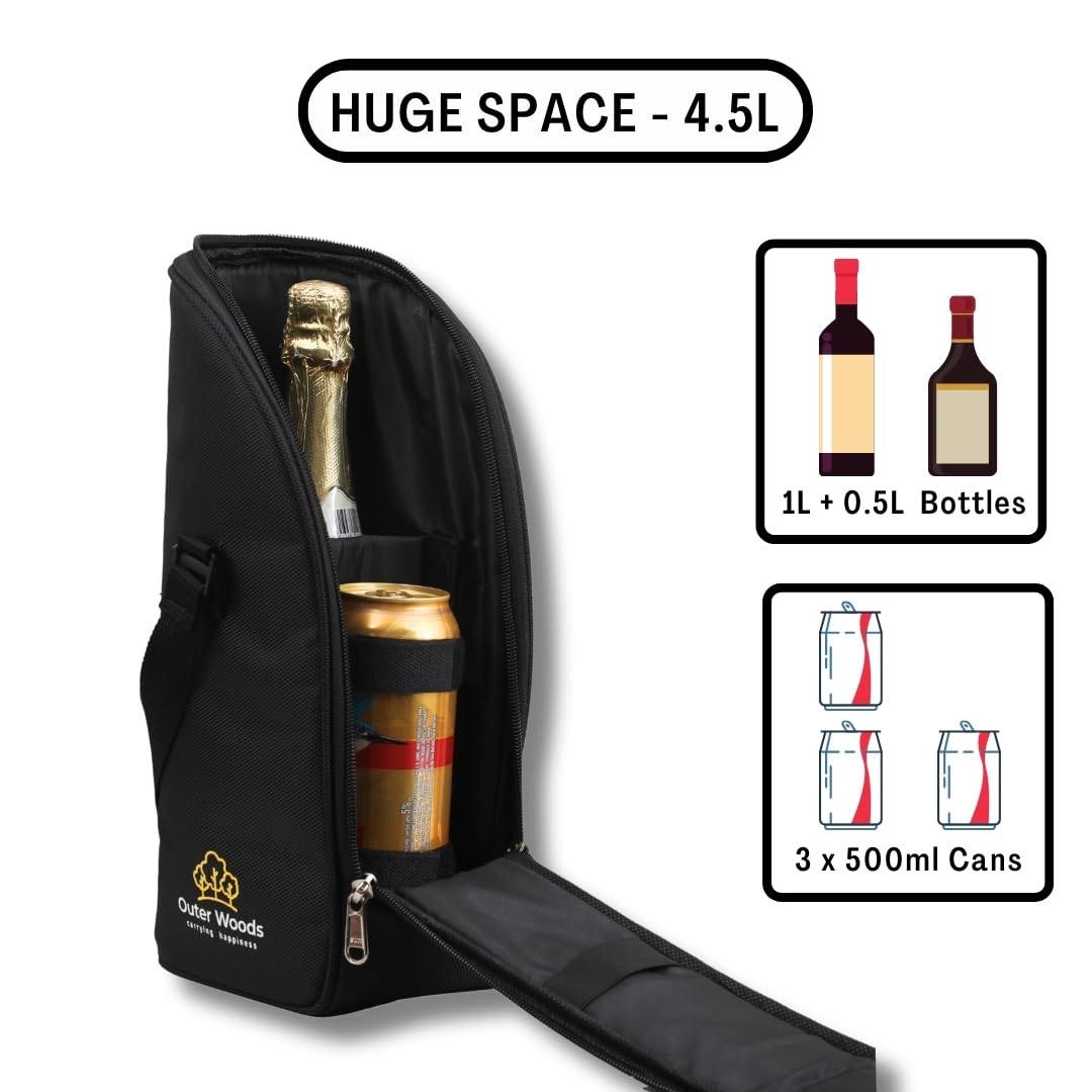 Outer Woods Insulated 1.5 Bottle Cooler Bag, with 2 Units of Ice Gel Pack, Ideal for Carrying Wine, Beer, Whisky, Vodka, Soda, Juice, Milk, and Water, Black