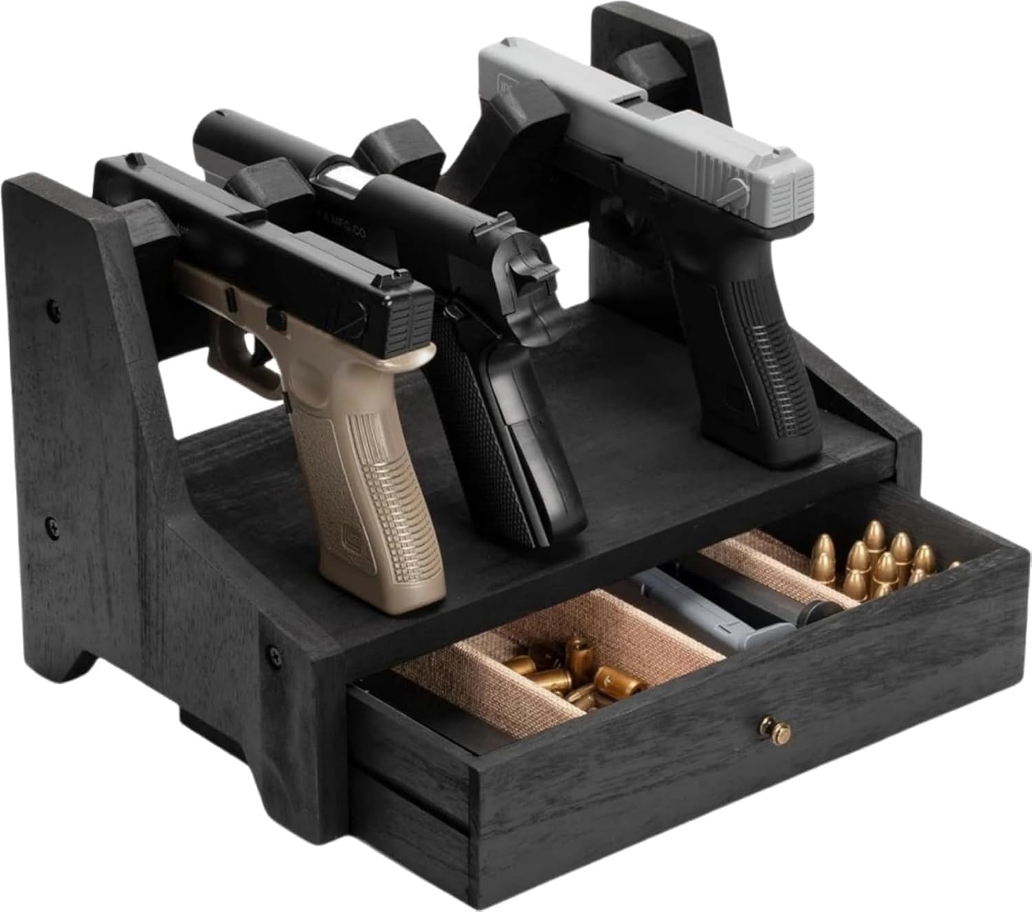 Handgun Rack with Drawers, Solid Wood, for Model Guns, Gun Stand, Toy Gun Storage, Pistol Rack, Handgun-Style Toy, Gun Accessory Box, Air Gun Storage, for 4 or 6 Guns, Gift, Hand Model, Suitable for