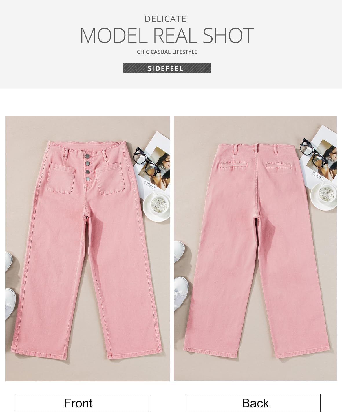 Sidefeel Women's Wide Leg Jeans High Waisted Straight Leg Jeans Buttoned Loose Stretchy Denim Pants with Pocket Peach Blossom Size 4 Long - Image 4