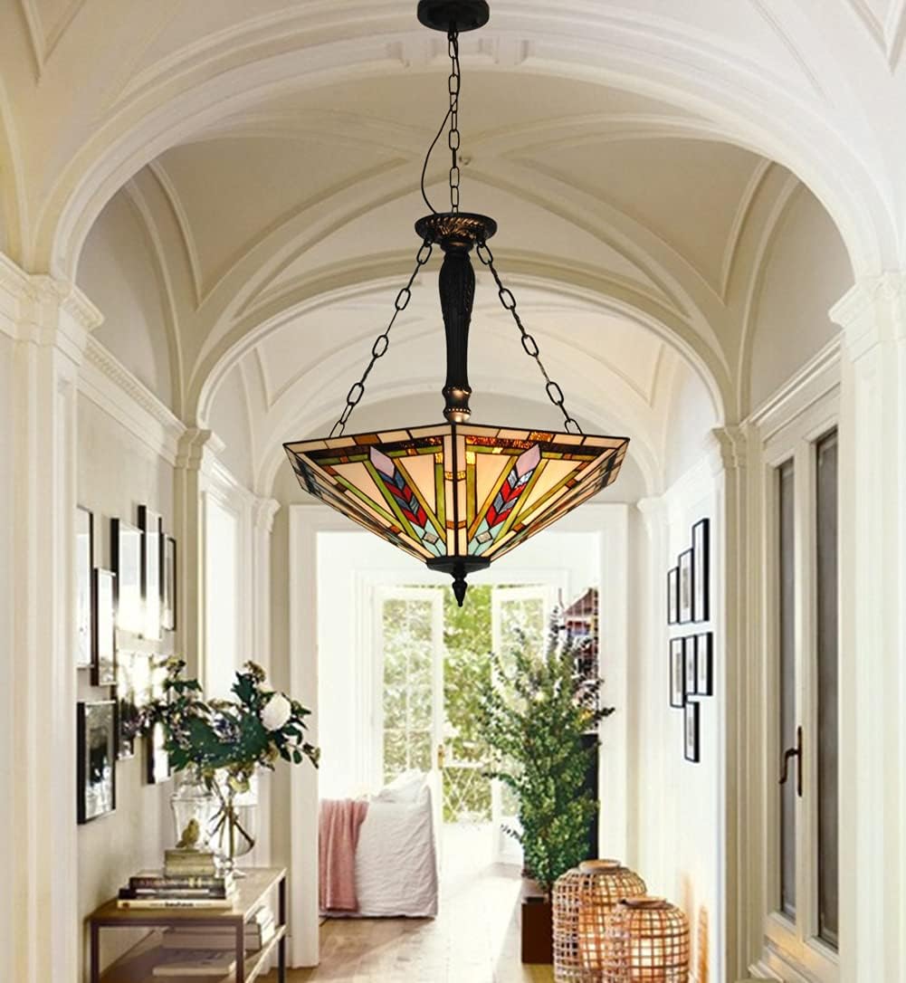 Tiffany Pendant Lighting Fixture, 5 Lights Chandelier with Stained Glass Lampshade, 22" Inverted Ceiling Hanging Lamp for Farmhouse Kid Adult Bedroom, Bulb Not Included