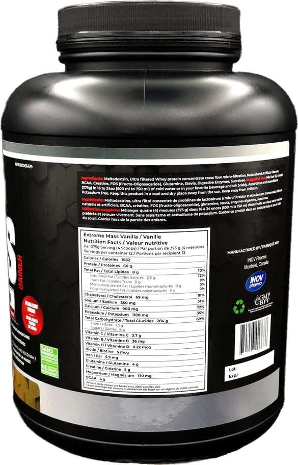 Miniatura 2 de Extreme Mass Vanilla10 libras (10.0lbs) de Sunshine BioPharma, mezcla de proteínas ganadoras de masa que da alta calorías, suero de leche, BCAA,
