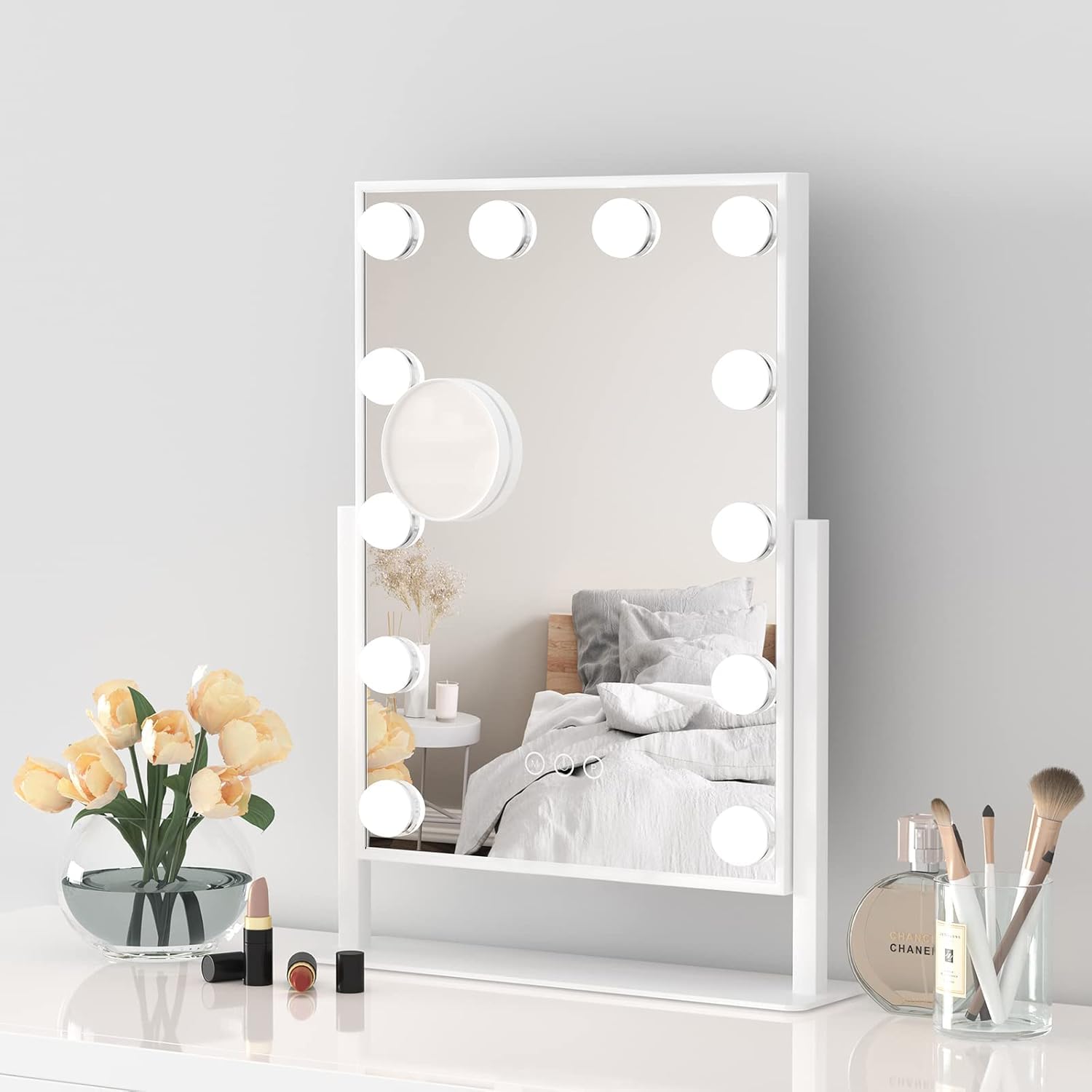 Specchio da Trucco Hollywood con Luci 41L x 30l cm a 12 Led sul Tavolo, 3 Colori di Luce e Funzione di Luminosità Regolabile, Dimensioni con Base 48L x 36l cm
