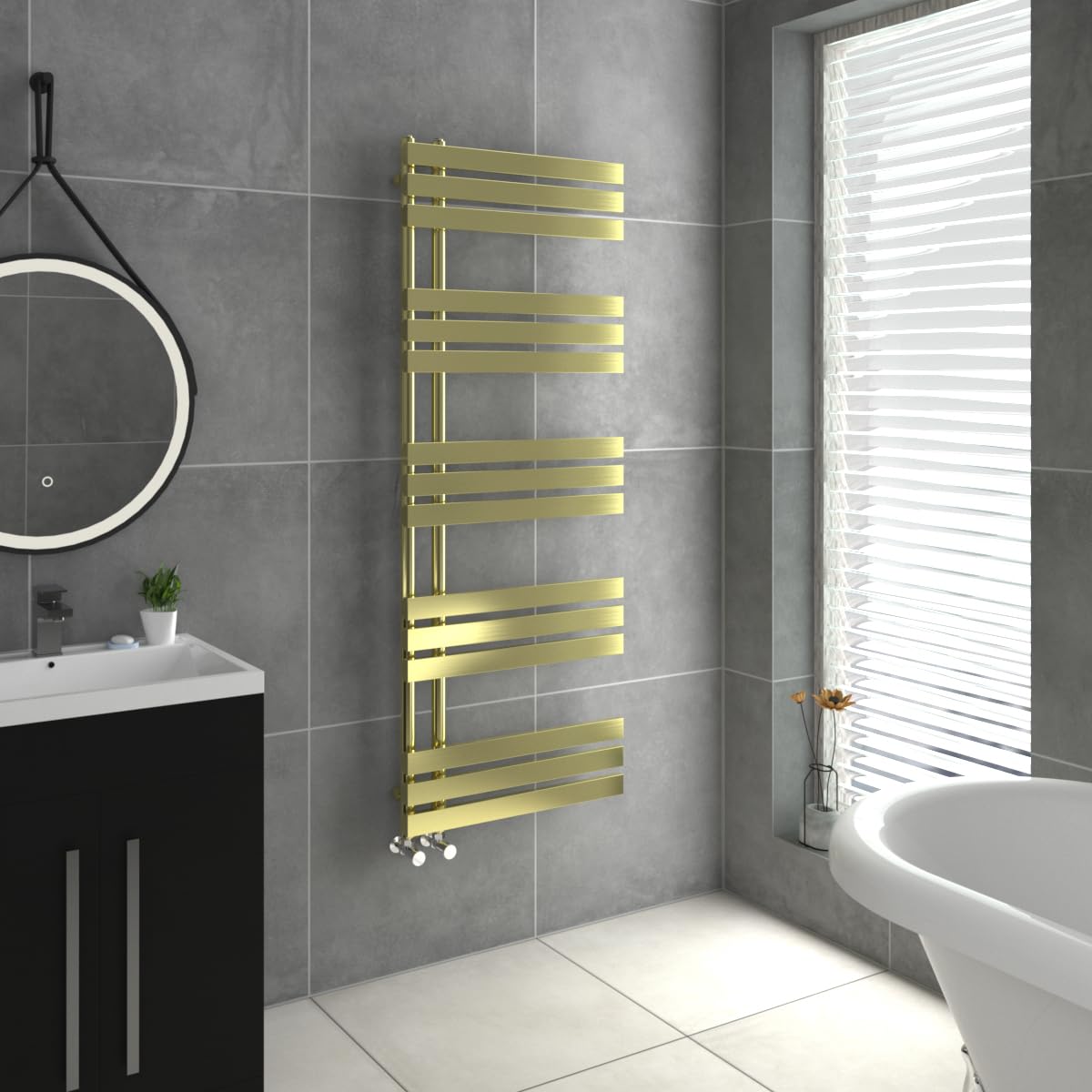Warmehaus Brushed Brass Designer Heated Towel Rail D Shape Bathroom Ladder Style Radiator Warmer Central Heating 1600X600mm