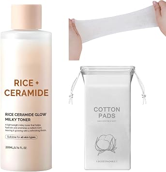 Rice Glow Milky Toner for Face - Hydrating Facial Toner with Ceramide & Niacinamide, Strengthens Skin Barrier 200ml + 100-Count Fluorescent-Free Stretchable Cotton Pads