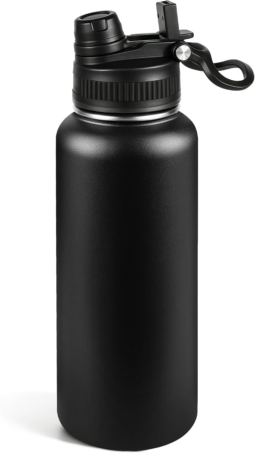 40oz Insulated Stainless Steel Water Bottle 2-in-1 Leak-Proof Sip & Straw Lid with Handle, Double Wall Vacuum Insulated Travel Mug for Sports, Commute, Office, Black, 1 Pack