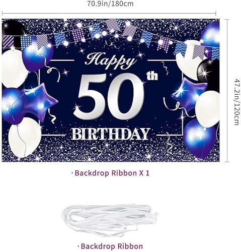 Miniatura 2 de Telón de fondo de pancarta de feliz cumpleaños 50, color azul y blanco para fiesta de cumpleaños 50, suministros para mujeres y hombres, telón de