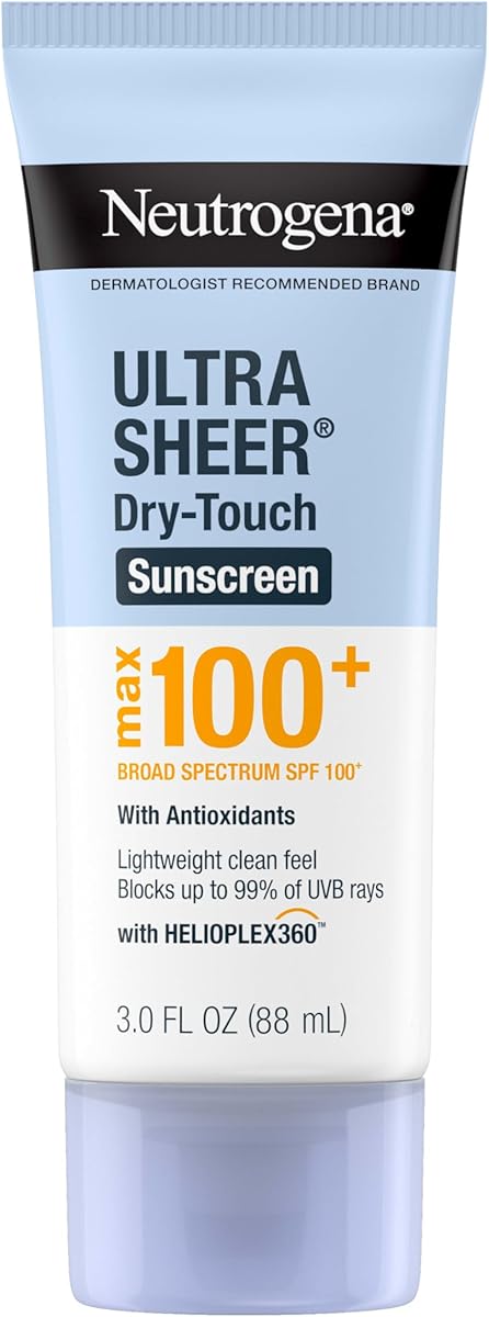 Neutrogena Ultra Sheer Dry-Touch Sunscreen Lotion, Max 100+ Broad Spectrum SPF 100 UVA/UVB Protection, Lightweight, Non-Greasy Sunscreen, Oxybenzone-Free, Antioxidant, Travel Size, 3 fl oz