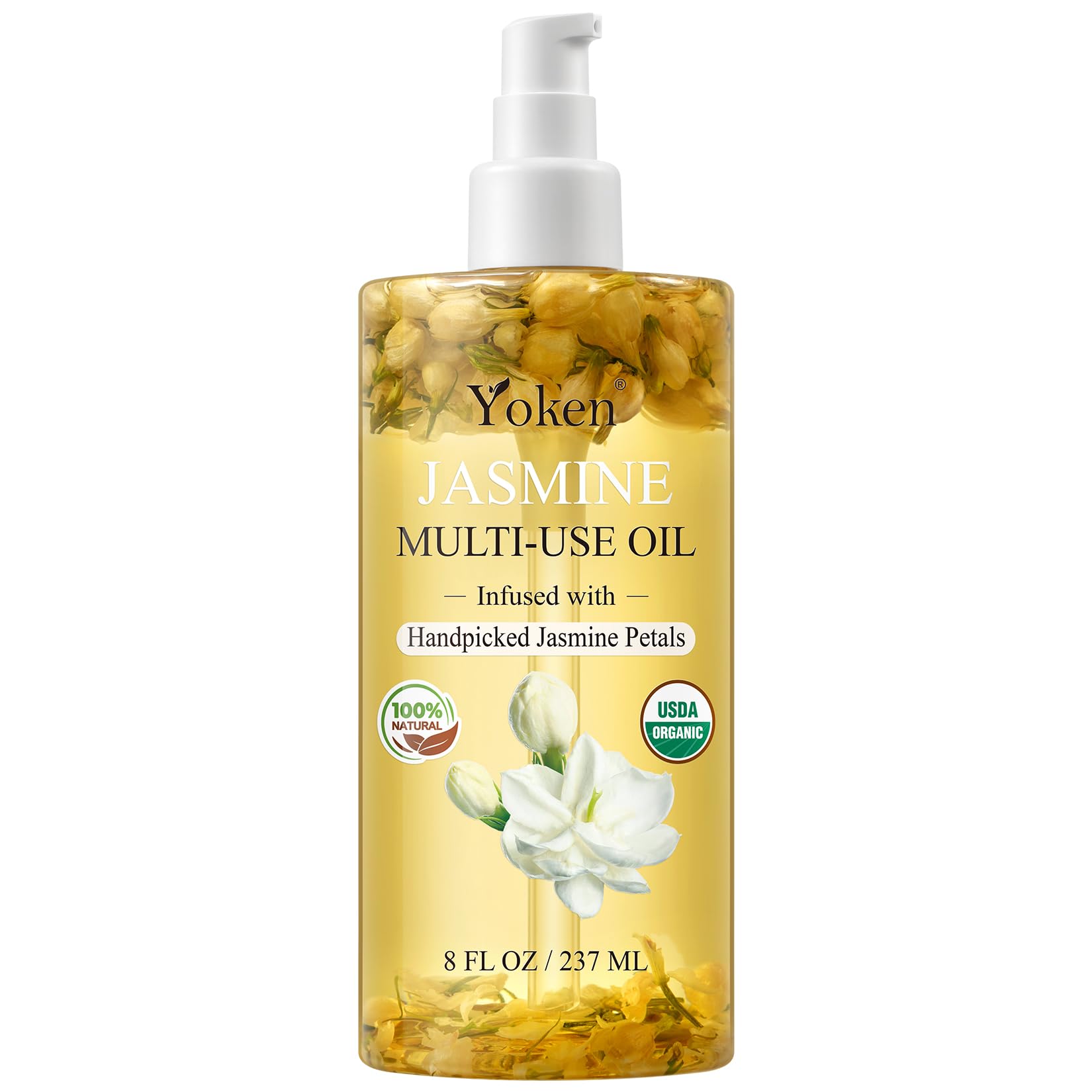 Aceite corporal orgánico multiusos para piel, cara, cabello y uñas, con pétalos de jazmín seleccionados a mano, aceite esencial de jazmín y vitamina E y aceite de almendras, nutritivo e hidratante