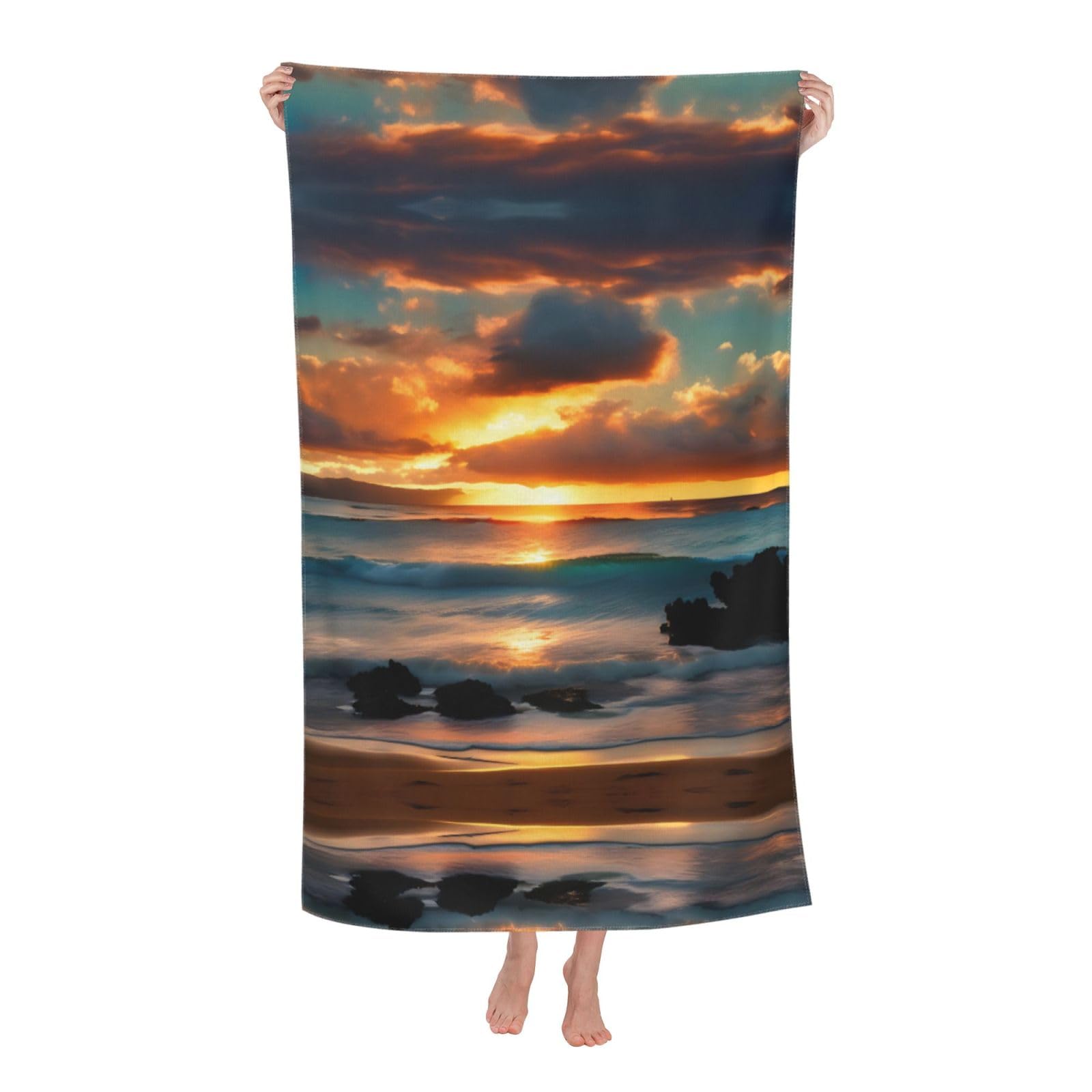 Oazcvbnn Women's White Beach Maui Hawaii Sunset Sea Waves Clouds Print Adult Beach Towel Summer Travel Pool Vacation Swimming Fitness Outdoor Adventures
