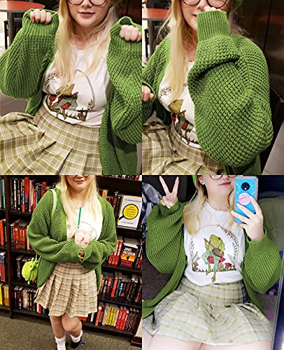 Qualfort Women's Cardigan Sweaters 100% Cotton Button-Down Long Sleeve Oversized Knitted Cardigans Light Green Small #TOP4