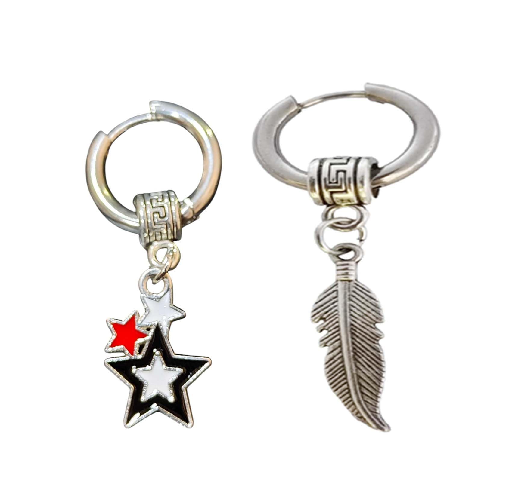 Star Hoop Earrings, Silver Tone with Red, Black & White-image-18