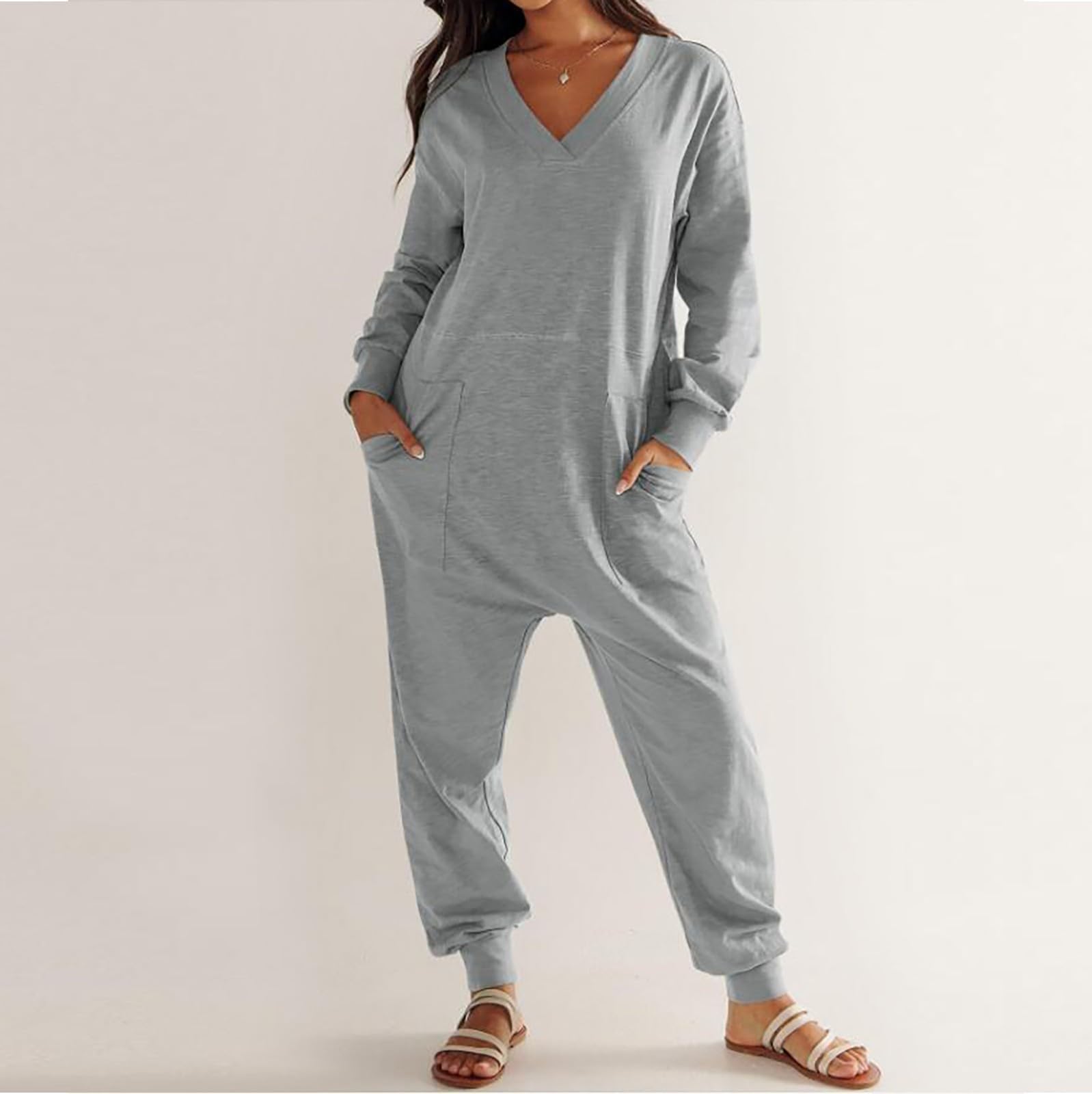 Jumpsuit Damen Elegant, Playsuits Oversize Romper Langarm Overall V-Ausschnitt Jumpsuits Lässige Große Größe Hausanzug Atmungsaktiv Trainingsanzug Einteiler Bodysuit Mit Taschen Für Outdoor