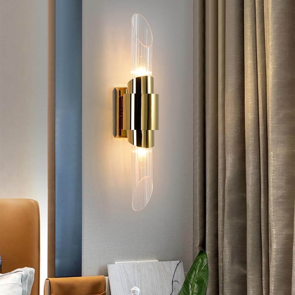 Modern Home Decoration Long Tube Glass Wall Sconce Indoor Up Down Lighting Fixtures for Bathroom Chrome Gold Clear Ribbed Glass Linear Wall Mounted Lamp for Bedroom Bedside Living Room
