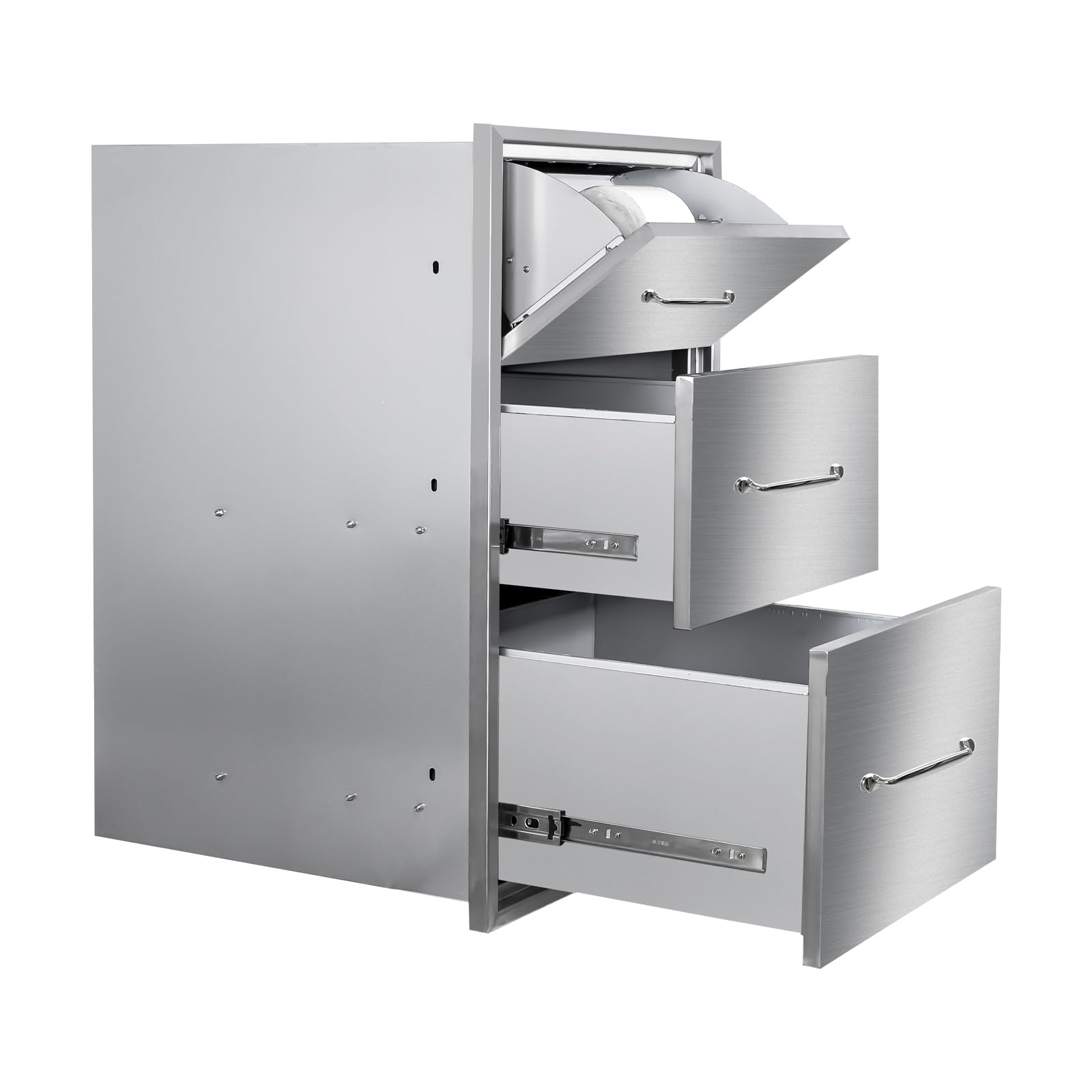 Outdoor Kitchen Drawers with Paper Towel Holder 17" W x 30"H Flush Mount BBQ Drawers with Chrome Handle,Stainless Steel Built-in Triple Access Drawers for Outdoor Kitchen Island, Patio Grill Station