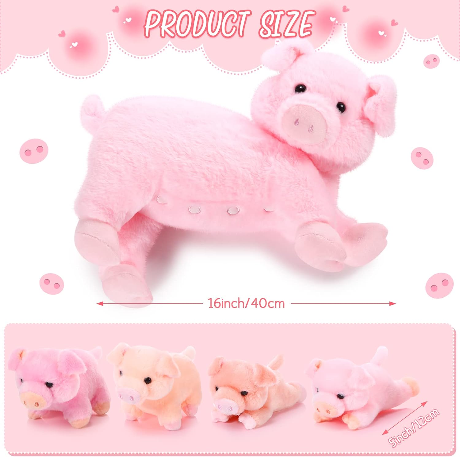 Honoson 5 Pcs Pig Stuffed Animal 16 Inch Mommy Pig Plush with 4 Piggy Baby Plush in Mother Pig's Belly Kawaii Birthday Gifts for Girls Boys Kids Toddler Baby Shower Decor(Cute)