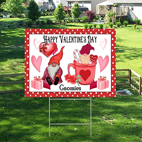 Happy Valentine's Day Gnomies Red Hearts White Dots Corrugated Plastic Decorative Yard Sign With Metal H-Stakes Farmhouse Street Welcome Lawn Yard Signs For Outside Patio Garden Decor 18X24 Inch #TOP5