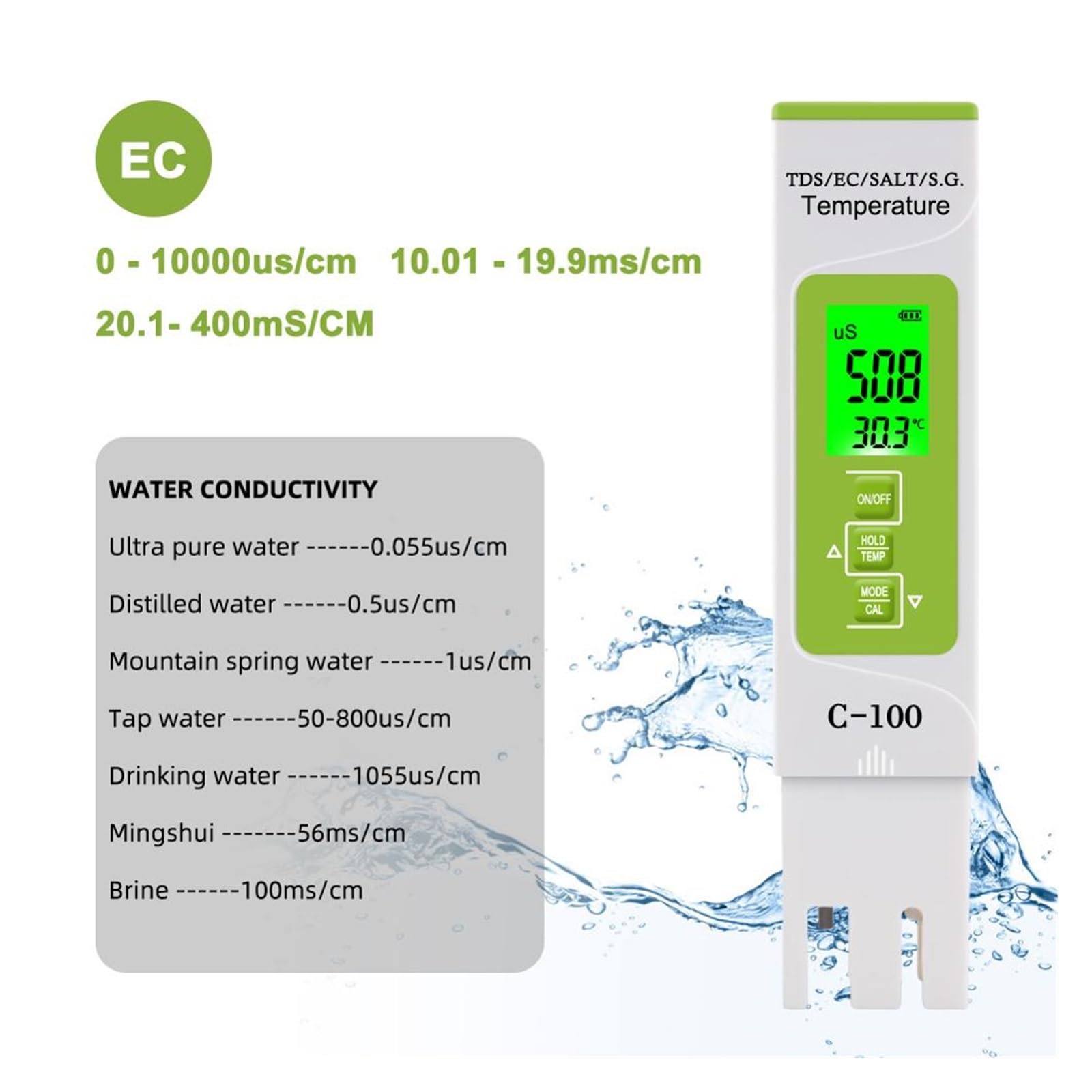 5 in 1 TDS/EC/Salinità/SG/Temperatura Misuratore di Sale Digitale Tester qualità Acqua Mare for Piscine Acquario con Potabile Rilevamento Rapido E Preciso(No Backlight)