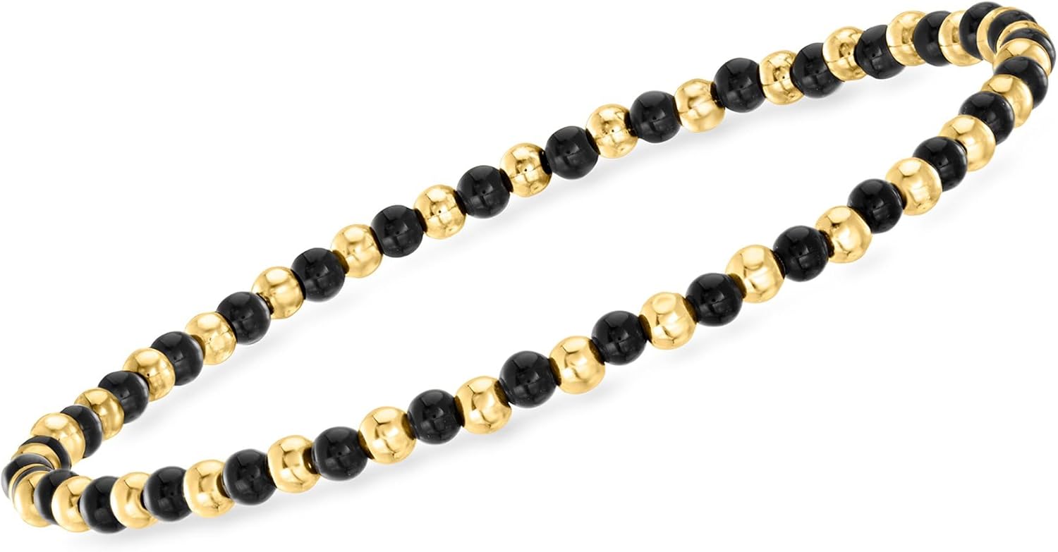 Ross-Simons 3mm Onyx and 10kt Yellow Gold Bead Stretch Bracelet
