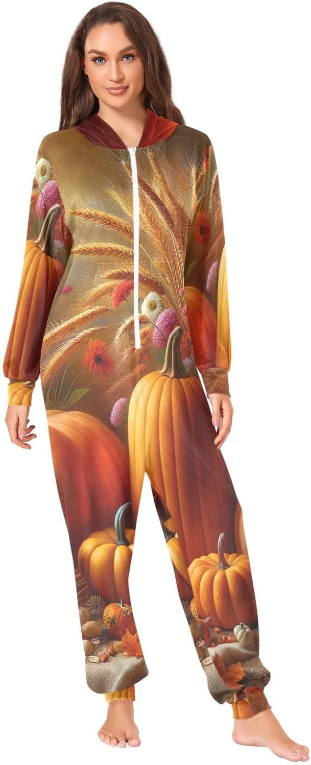 GAIREG Autumn Pumpkin Flower Pajama Onesie Adult Men Women, Warm Hooded One-Piece Pajamas