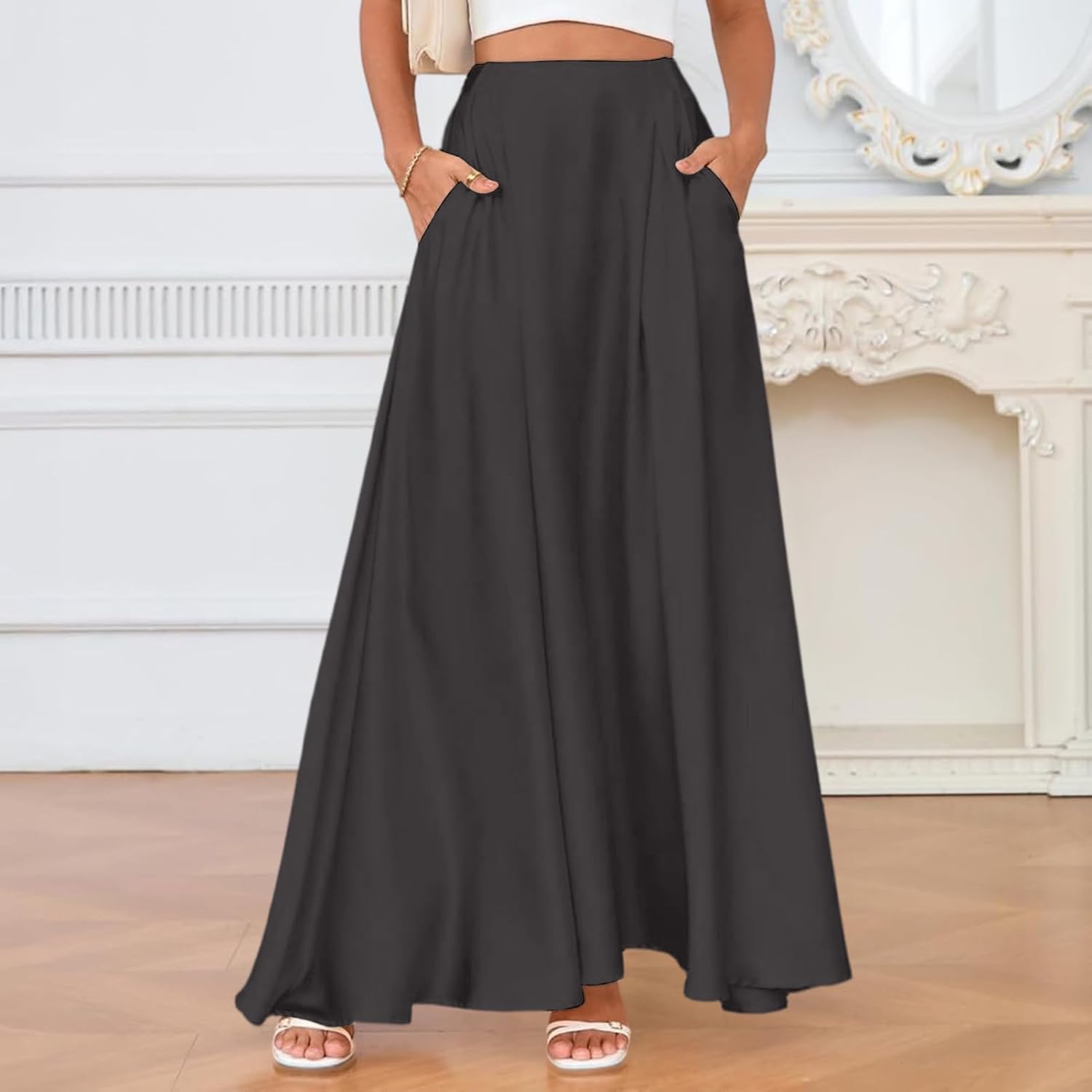 Satin Maxi Skirt,High Waisted - Flowy Long A Line Pocketed Satin Skirt Trendy Vacation Outfits | for Vacation