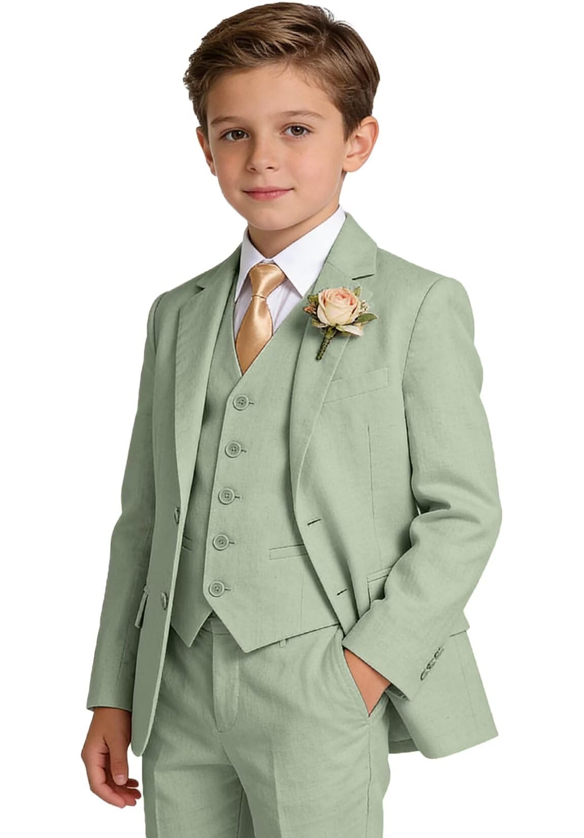 Boys Linen Suit 4 Piece Toddler Tuxedo Suits for Kids Dress Clothes | Boys formal suit, jackets vest pants, tie, slim fit, lightweight, adjustable waist, summer beach wedding, party prom outfit