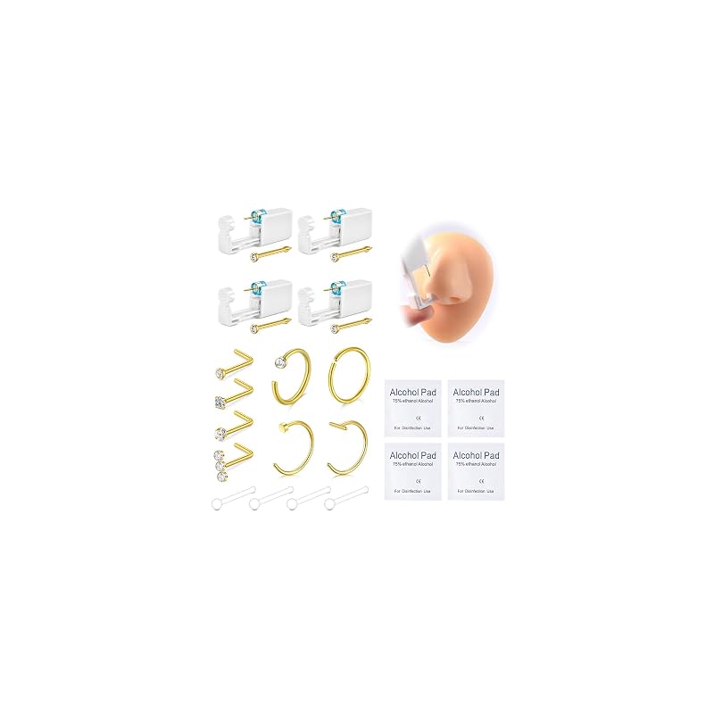 Kit para piercing nasal DJCIW com 4 pistolas, argolas e pinos de aço inoxidável 316L, 20G, 20 unidades