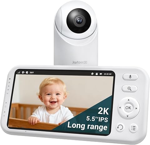 Jartoo 2K 5.5" Video Baby Monitor with Camera and Audio, AI Cry Detect, Long Range, Night Vision, 2-Way Talk, White Noise, 6000mA…