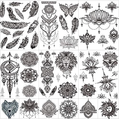 12 Sheets Black Henna Temporary Tattoos for Adults Women Girls, Feather Mandala Flower Body Art Large Big Arm Tattoos Sheet Lace Mehndi Mandala Tattoo