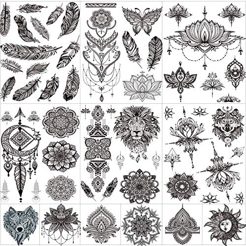 12 Sheets Black Henna Temporary Tattoos For Adults Women Girls, Feather Mandala Flower Body Art Large Big Arm Tattoos Sheet Lace Mehndi Mandala Tattoo #TOP17