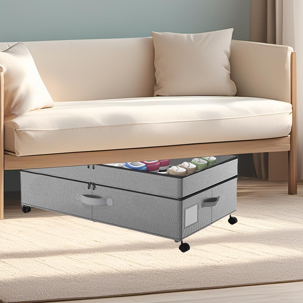Under Bed Storage with Wheels Height Adjustable 2 Pack Under Bed Storage Containers with Clear Lid & Handles Rolling Under Bed Drawers for Clothes Shoes Toys Blankets Grey