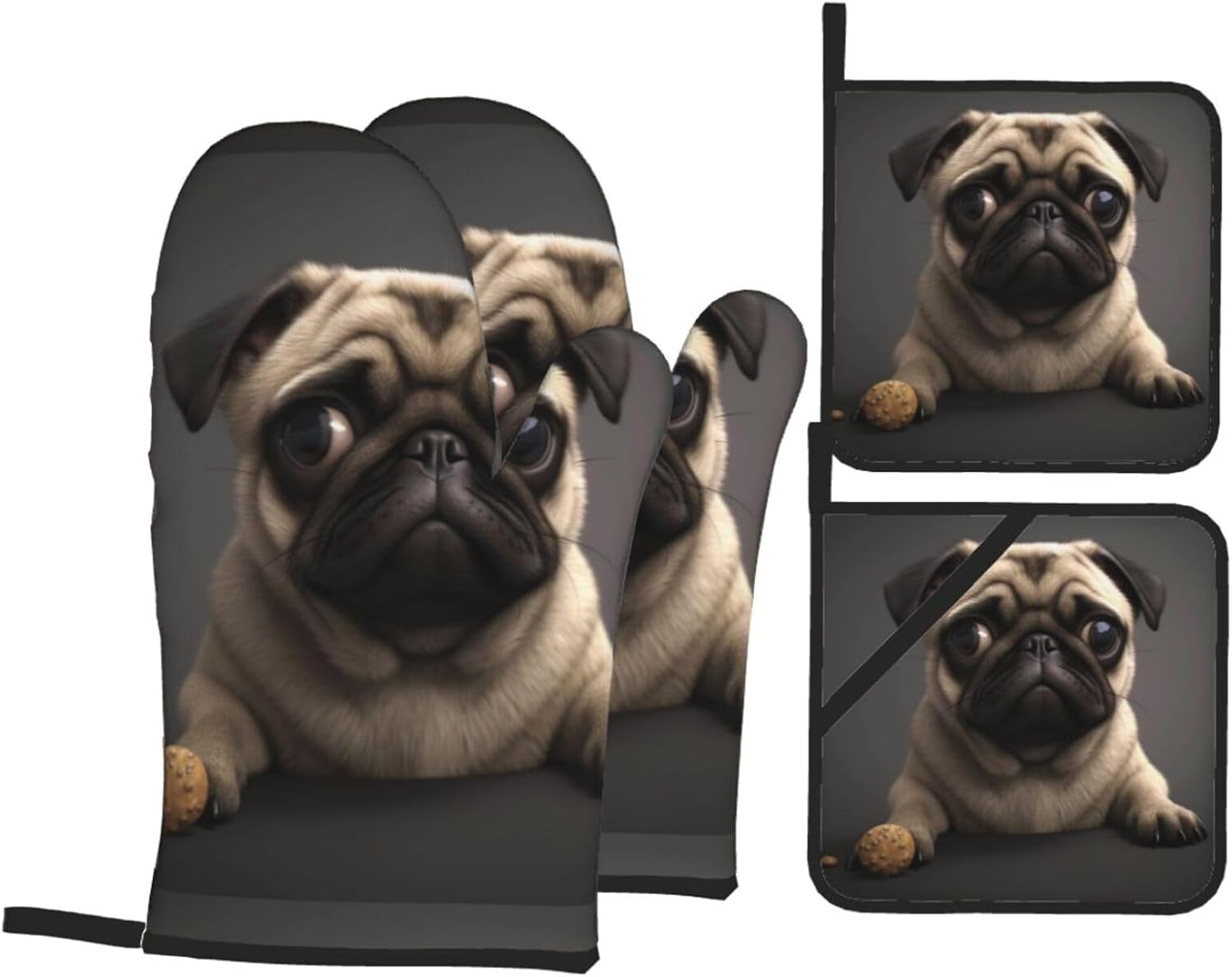 (Cute Pretty Pug Dog) Baking 4-Piece Set: 2 Oven Mitts and 2 Pot Holders Heat Resistant Waterproof Hanging Loop for Kitchen Oven Grill Housewarming Gifts