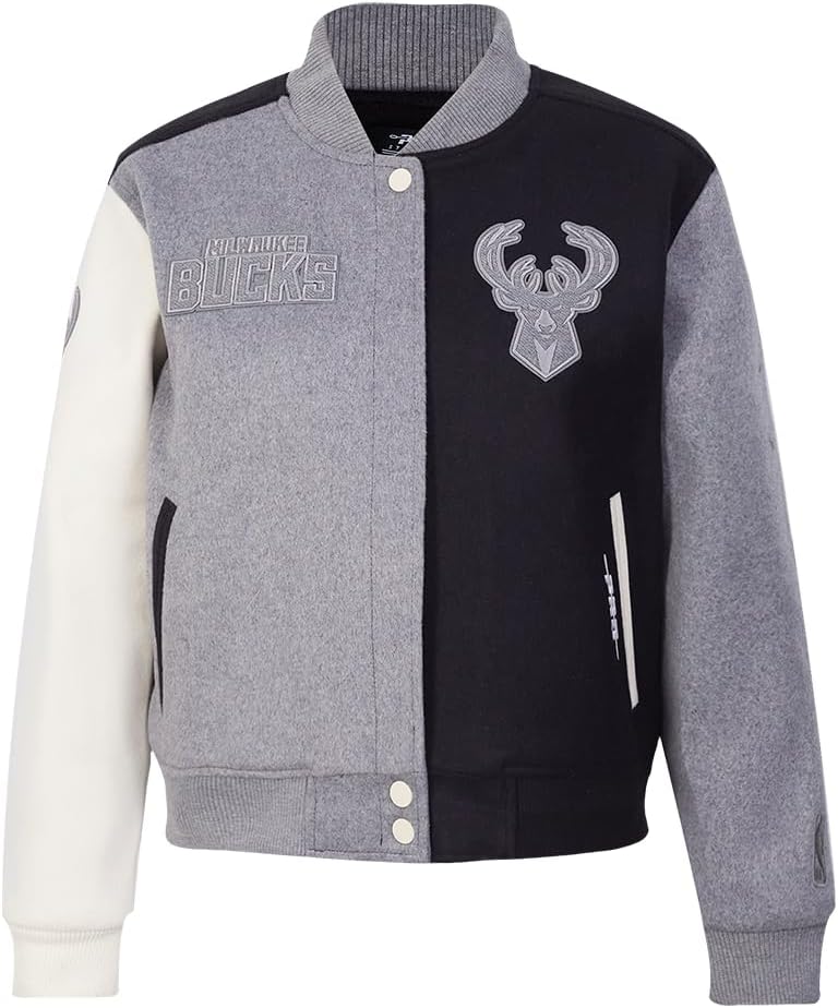 Pro Standard Womens NBA Milwaukee Bucks Reverse French Terry Varsity Jacket Black/Gray/Eggshell Xl