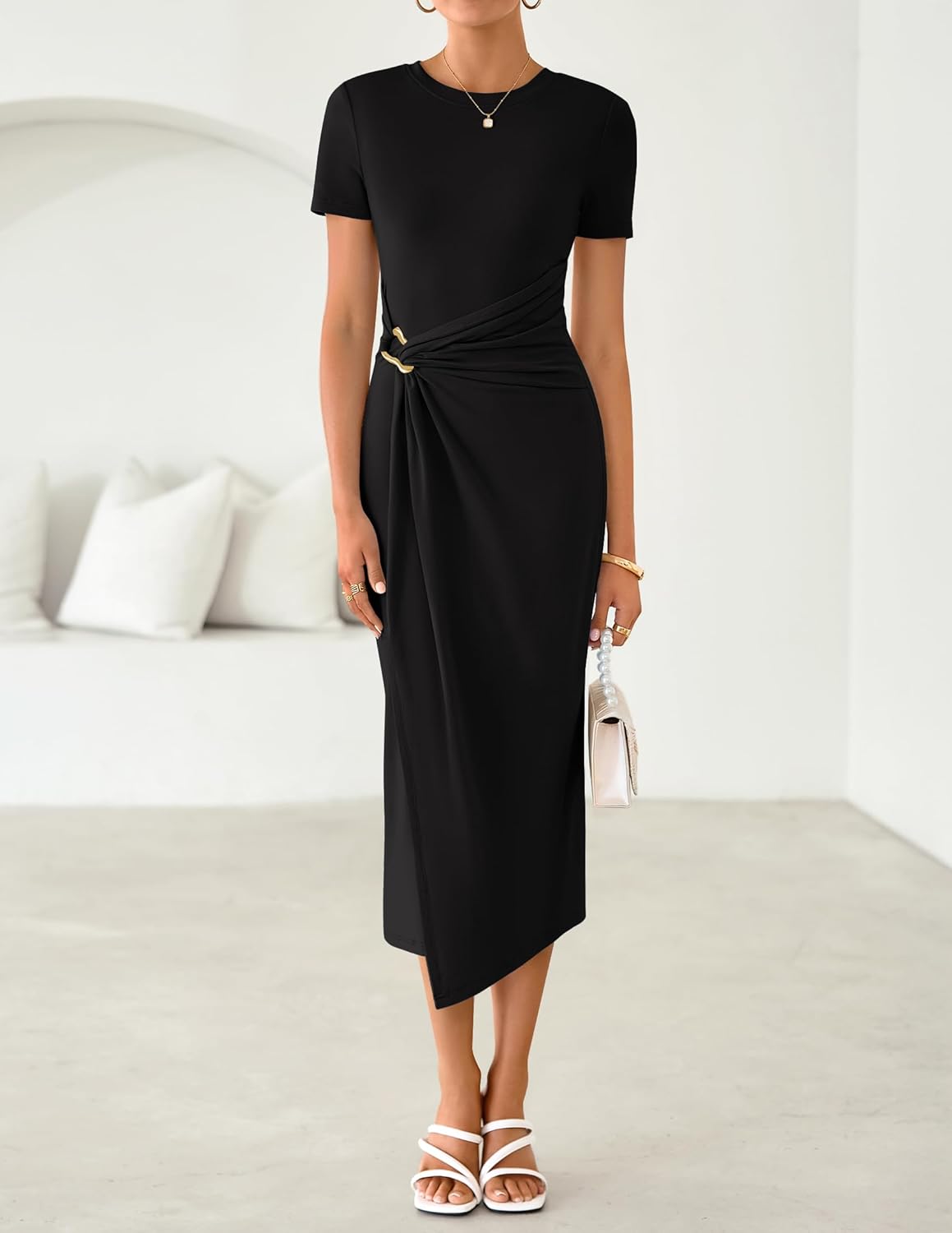 ZESICA Women's 2026 Summer Short Sleeve Bodycon Midi Dress Crewneck Ruched Split Wedding Guest Cocktail Wrap Dresses - Image 6