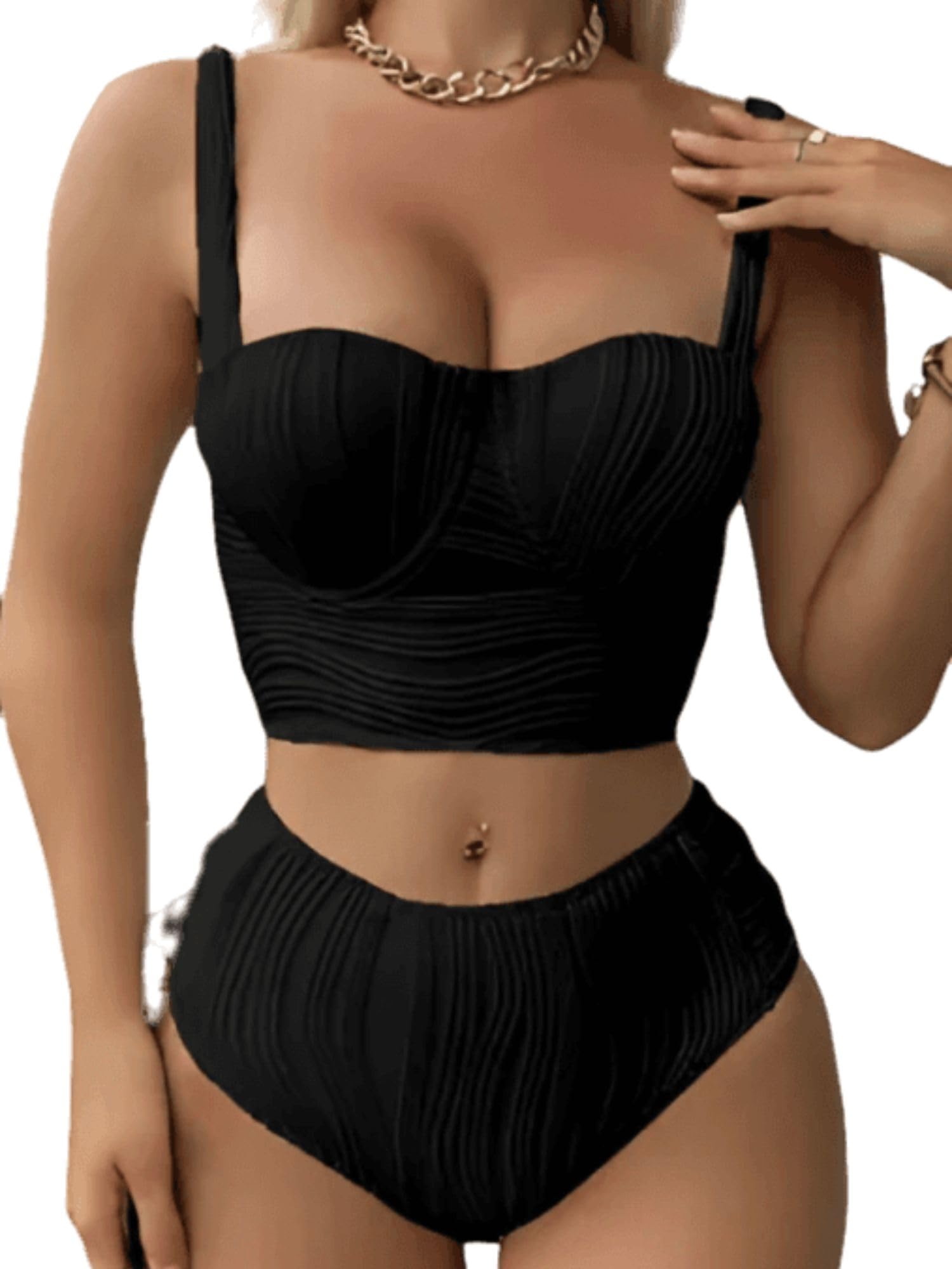 WomanLikeUPolyamide Black Bikini with a Wavy Texture | Padded (in-Built Pads with Underwire) | Swimming Costume for Women | Swimwear | Sizes: S to XXL