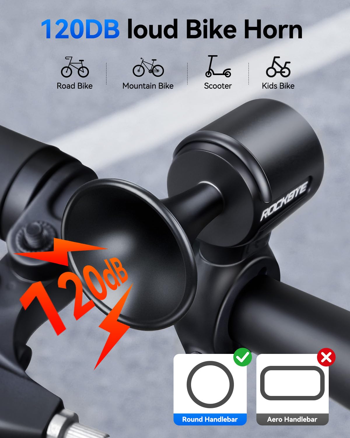 E-Bike-Hupe, 120 dB, laute Fahrradhupe für 22,2–25,5 mm runde Lenker, per USB wiederaufladbar, IP65 wasserdicht, einfache Installation für Mountainbike/E-Bike/Roller/Erwachsene