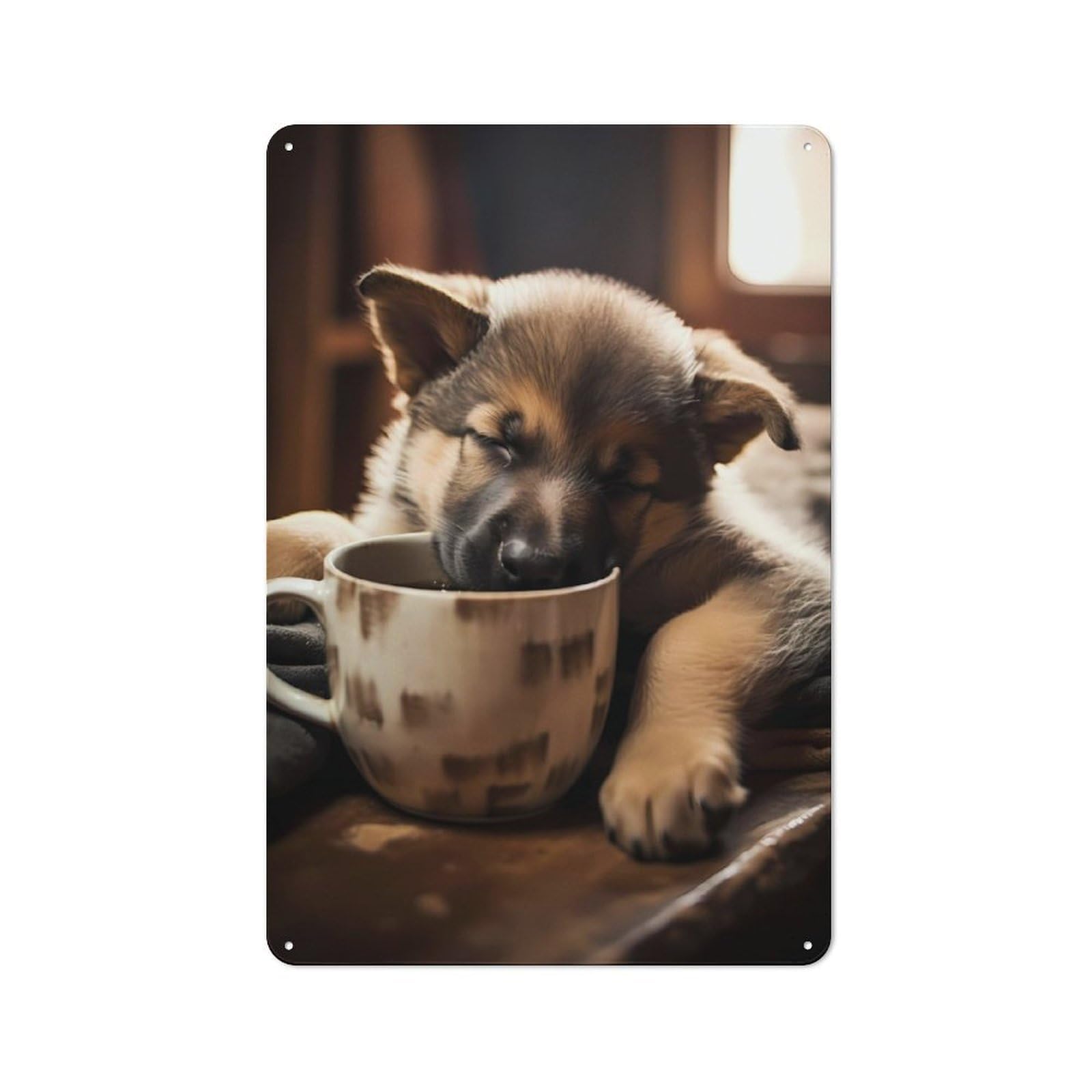 Junmoney German Shepherd Coffee Pup Vintage Tin Sign 30X20cm With For Workshop Wall, For Kitchen, Dining Room And Home Bar Wall Decor