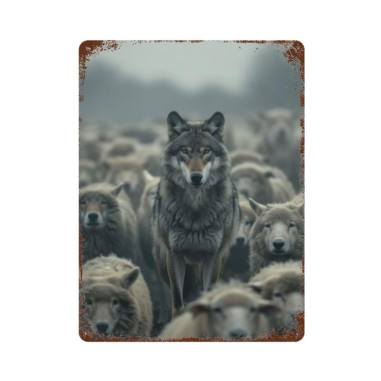 Wolf Sheep Hunter Aged Metal Wall Plaque 15.7"x11.8", Ideal for Garage, Bar And Workshop Decor