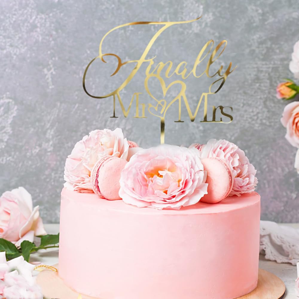 Finally Mr&Mrs - Decoración para tartas de boda, elegante decoración para tartas de aniversario de boda, romántica fiesta de boda (acrílico dorado)