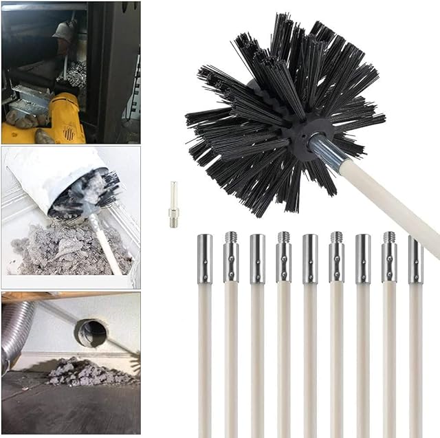 Chimney Cleaning Brush Kit Chimney Sweep Rods, Duct Vent Cleaning Set with 9 Nylon Flexible Rods 1 Brush Head, Drill Connector Chimney Sweep Kit for Fireplace Dryer Vent Sewage Pipe Fume Hood