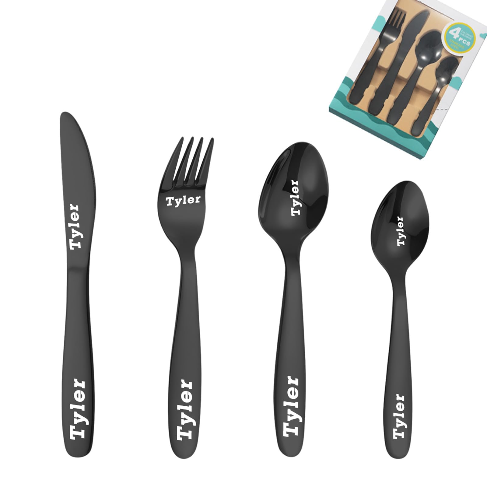 custyoulife Custom Engraved Cutlery Set, 1 Set of 4 Pieces, Stainless Steel, Modern, Rainbow, Flatware, Personalized Adult Cutlery Set, Fork, Knife, Spoon, Teaspoon (Black Children's Cutlery)